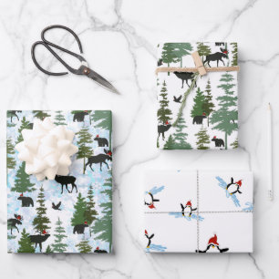 Waldtiere in Santa-Hüten Geschenkpapier Set
