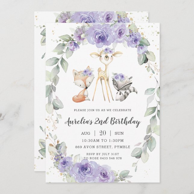 Waldtiere Lila Blumengrün Geburtstag Einladung (Vorne/Hinten)