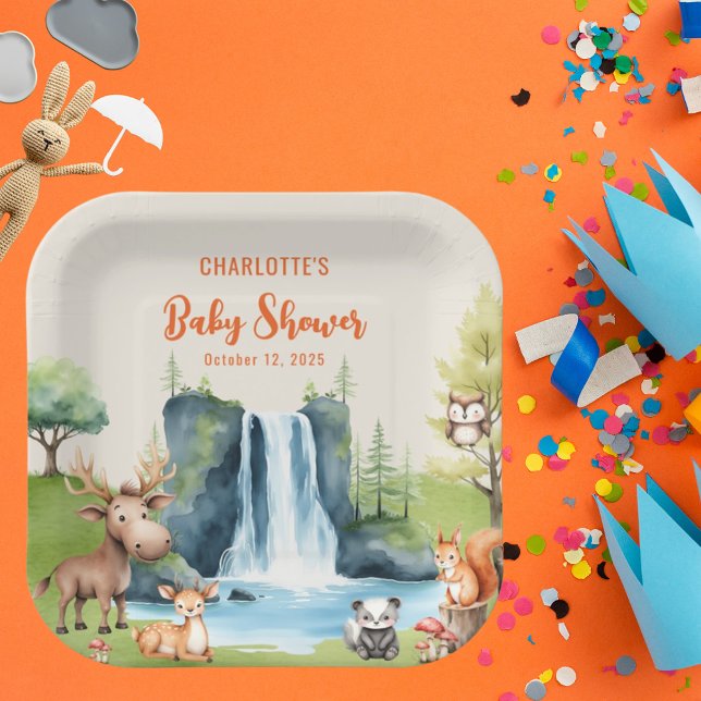 Waldtiere Personalisiert Orange Baby Dusche Pappteller (Von Creator hochgeladen)