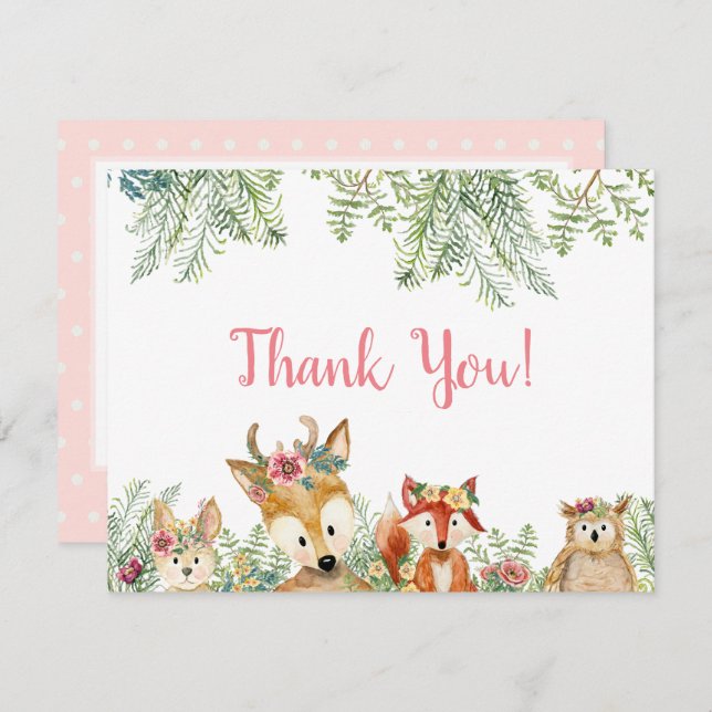 Waldtiere Pink Boho Deer n Fox Vielen Dank Einladung (Vorne/Hinten)