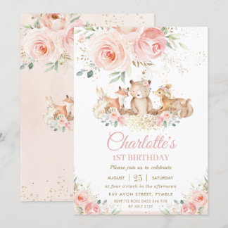 Waldtiere Pink Floral Gold Girl Geburtstag Einladung