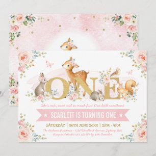 Waldtiere Pink Gold Floral 1. Geburtstag Einladung