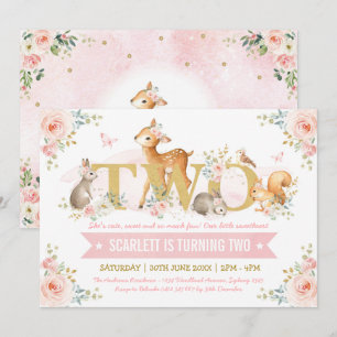 Waldtiere Pink Gold Floral 2. Geburtstag Einladung