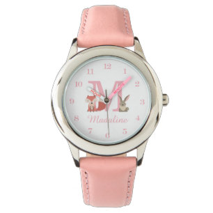 Waldtiere Rosa Baby Mädchen Anfangsmonogramm Armbanduhr