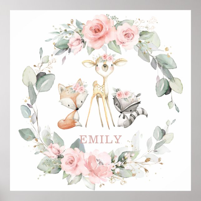 Waldtiere Rosa Blumengrün Landschaft Kunst Poster (Vorne)