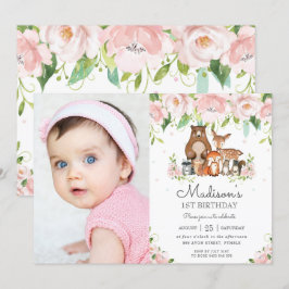Waldtiere Rosa Flora 1. Geburtstag Foto Einladung