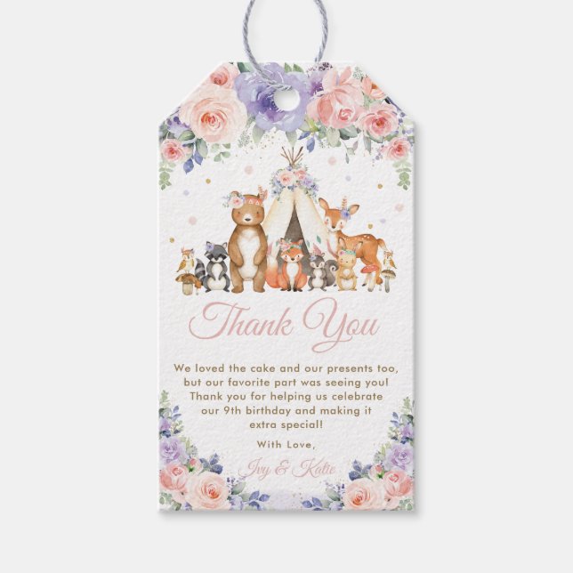 Waldtiere Rosa und Lila Flora Vielen Dank Geschenkanhänger (Vorderseite)