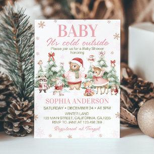 Waldtiere Rosa Weihnachten Winter-Baby-Party Einladung