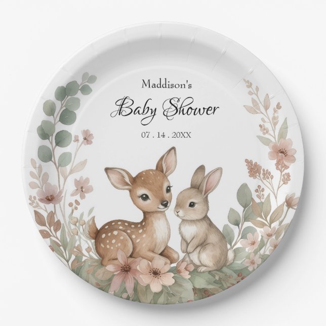 Waldtiere Salbeigrüne Babyparty-Papier Pappteller (Vorderseite)