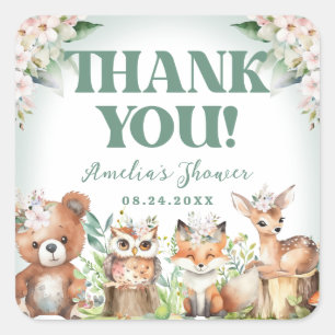 Waldtiere Sanftes Grün und Florales Babyshower Quadratischer Aufkleber
