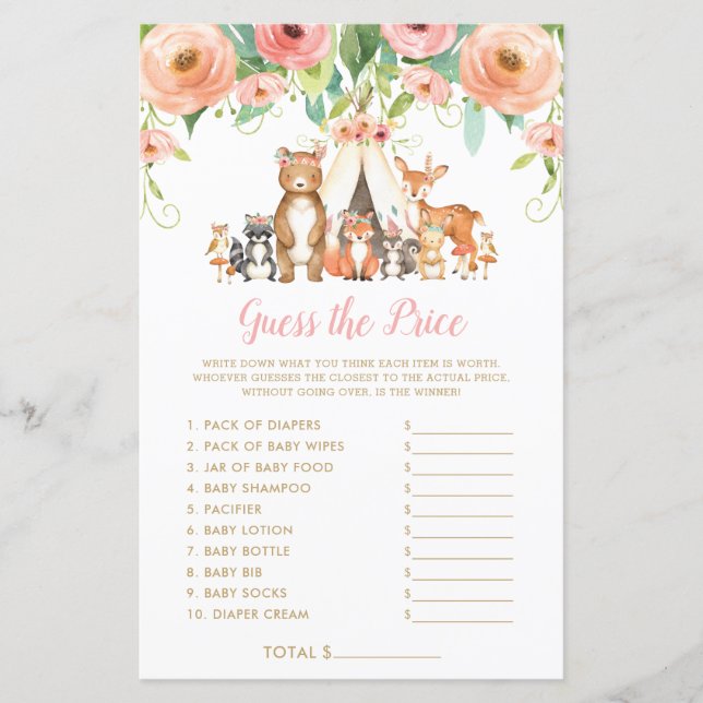 Waldtiere schätzen das Price Baby Shower Game (Vorderseite)