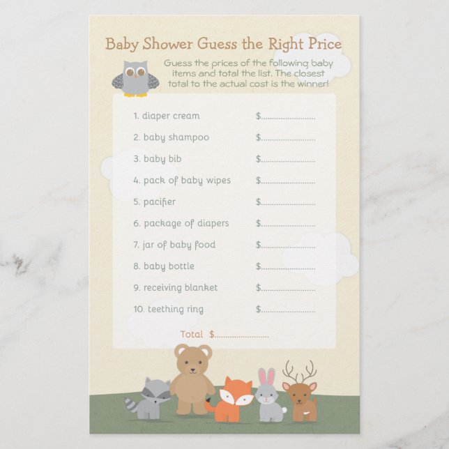 Waldtiere schätzen das Price Baby Shower Game Flyer (Vorne)