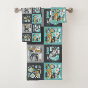 Waldtiere Schneeflocken Skandinavische Weihnachten Badhandtuch Set