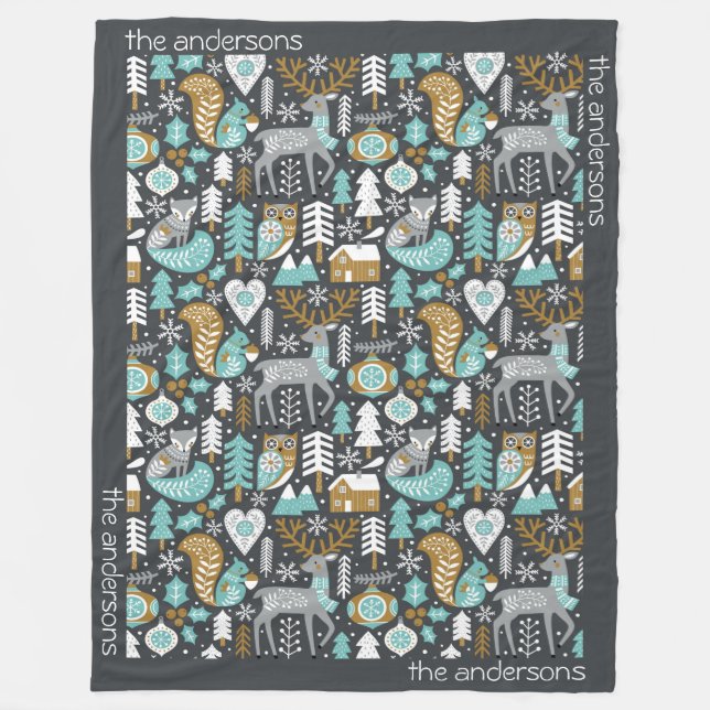 Waldtiere Schneeflocken Skandinavische Weihnachten Fleecedecke (Vorderseite)