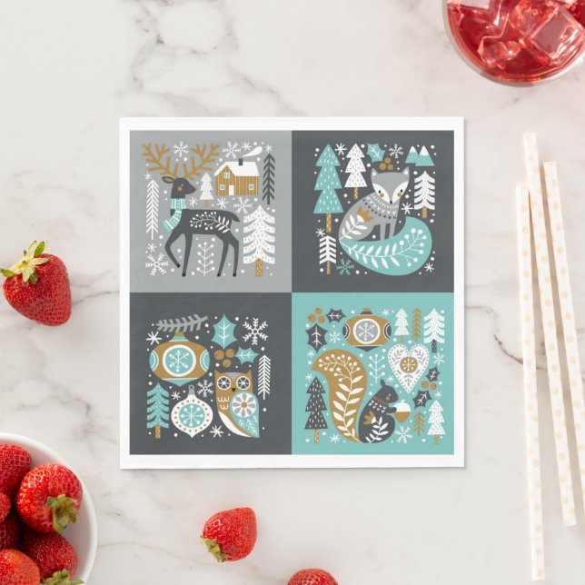 Waldtiere Schneeflocken Skandinavische Weihnachten Serviette (Beispiel)