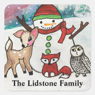 Waldtiere Snowman Familienname Quadratischer Aufkleber