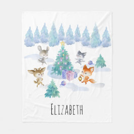 Waldtiere tanzen um Weihnachtsbaum Fleecedecke