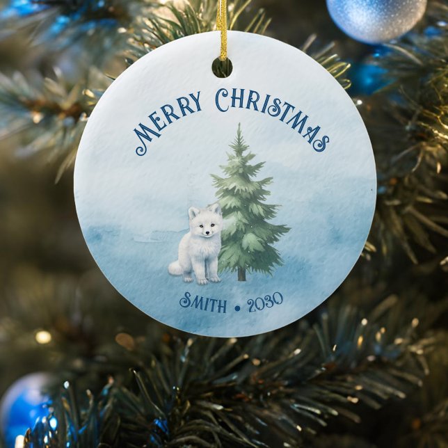 Waldtiere und arktischer Fox Blauer Weihnachten Keramik Ornament (arctic fox woodland creatures christmas ornament front)