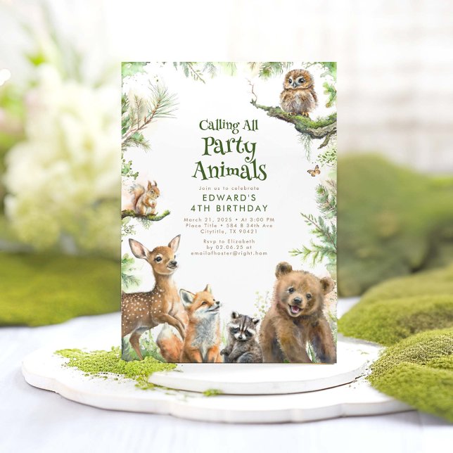 Waldtiere und Grünpflanzen Niedlicher Kindergeburt Einladung (Calling All Party Animals - Cute and Fun Woodland Animals Themed Birthday Invitations)