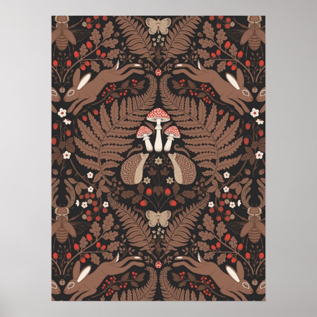 Waldtiere und Pflanze in rot und braun Poster (Vorne)