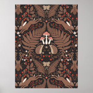 Waldtiere und Pflanzen in Rot und Braun Poster