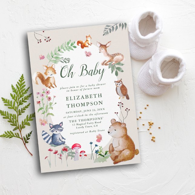 Waldtiere verzauberte Woods Niedlich Baby Dusche Einladung (woodland baby shower invitation enchanted woods forest bear fox deer wildflowers mushrooms magic)