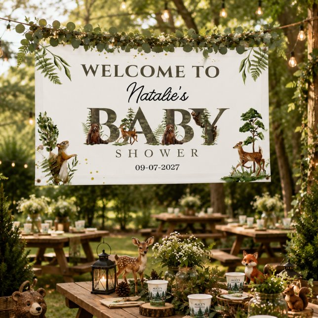 Waldtiere Wald Baby Shower Banner (forest baby shower woodland wild animals wildlife wilderness botanical forest rustic green plants na)