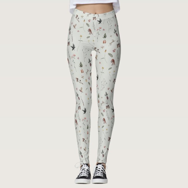 Waldtiere, Waldfrüchte, Blumen auf Grün Leggings (Vorderseite)