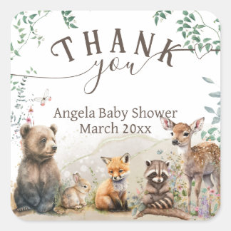 Waldtiere Waldgrün Baby Dusche Quadratischer Aufkleber