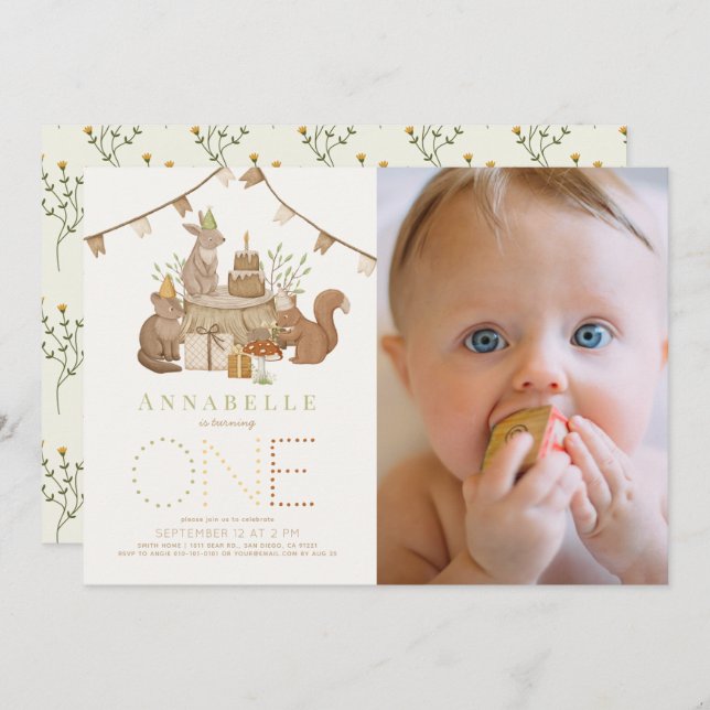 Waldtiere Waldtiere Party 1. Geburtstag Foto Einladung (Vorne/Hinten)
