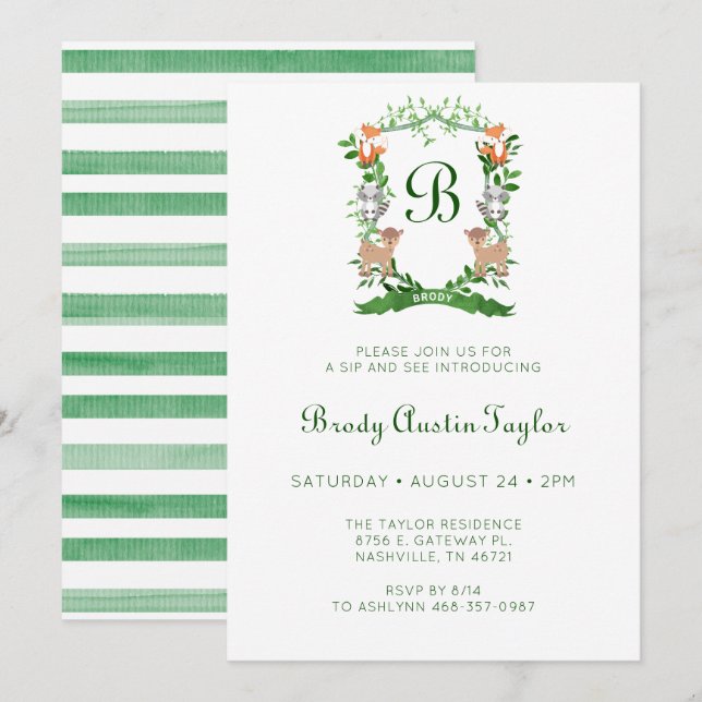 Waldtiere Wappen Boy Sip und sehen Einladung (Vorne/Hinten)