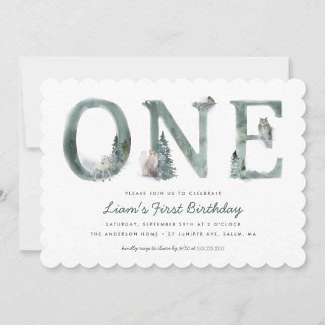 Waldtiere Wasserfarbe 1. Geburtstag Party Einladung (Vorderseite)