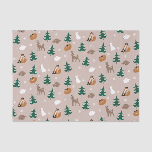 Waldtiere Winter Pattern Pine Tree Schnee Seidenpapier (Vorderseite)