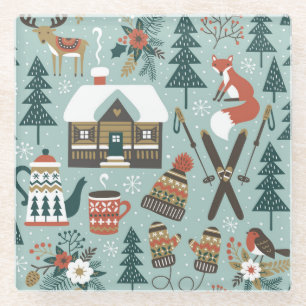 Waldtiere: Winter-Vintage-Nahtlos. Glasuntersetzer