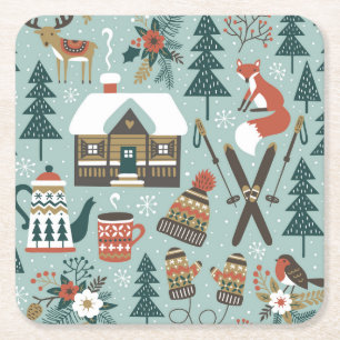 Waldtiere: Winter-Vintage-Nahtlos. Rechteckiger Pappuntersetzer