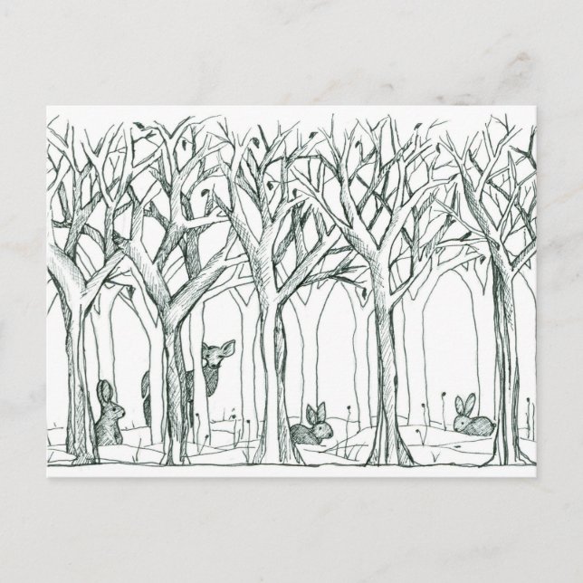 Waldtiere Winterbäume Schneerollen Hirsche Postkarte (Vorderseite)