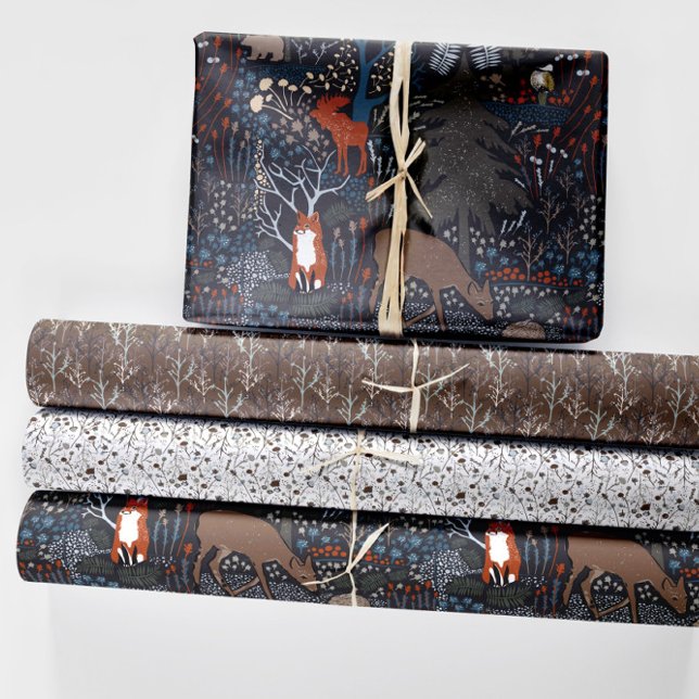 Waldtiere Winterwald Geschenkpapier Set (Woodland Animals Winter Woods Wrapping Paper Sheets from Jenn Steffen Art for Jenn's Emporium.)