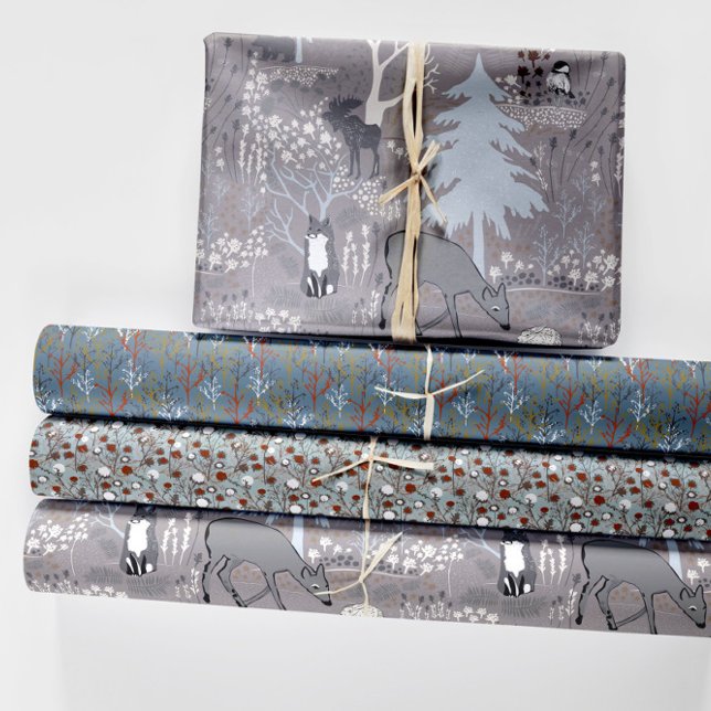 Waldtiere Winterwaldweinpapier Geschenkpapier Set (Woodland Animals Winter Woods Wrapping Paper Sheet from Jenn's Emporium. )