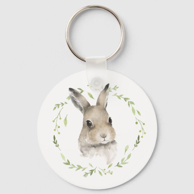 Waldtiere Wreath Bunny Rabbit Wasserfarbe Schlüsselanhänger (Vorderseite)