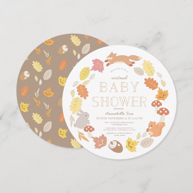 Waldtiere Wreath Virtual Baby Shower Circle Einladung (Vorne/Hinten)