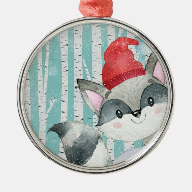Waldtierfreunde im Winterwald - Racoon Ornament Aus Metall (Vorne)