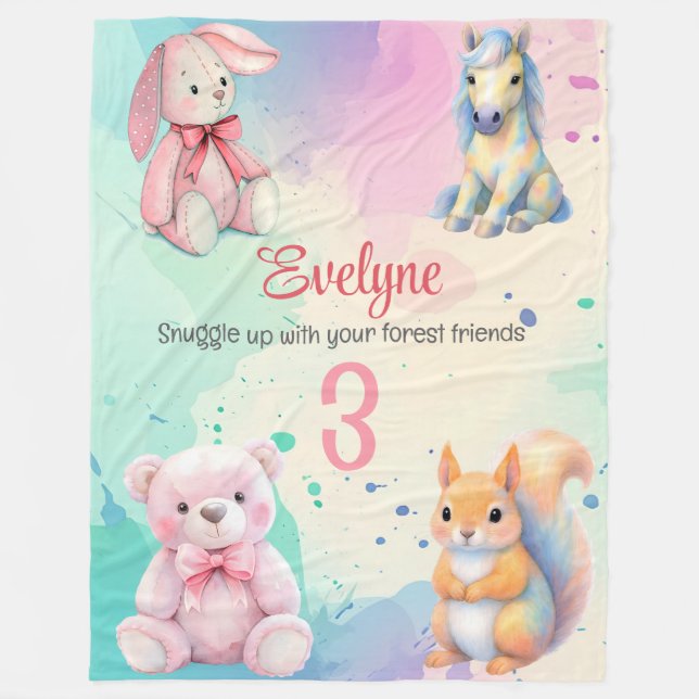 Waldtierfreunde Wasserfarbe Geburtsdetails Fleecedecke (Vorderseite)