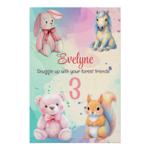 Waldtierfreunde Wasserfarben Geburtsdetails Poster