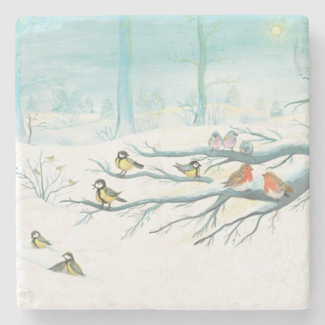 Waldvögel im Winter Steinuntersetzer (Vorderseite)