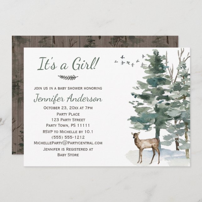 Waldwald Land Hirsch Doe Girl Babydusche Einladung (Vorne/Hinten)