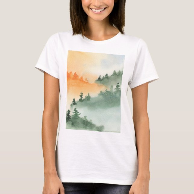 Waldwald Slope Hills Haze Fog Wasserfarbe Grab T-Shirt (Vorderseite)