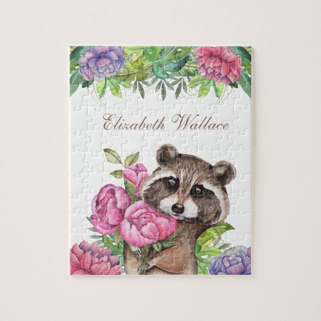 Waldwald Süße Blumen Waschbär Kinder Name Puzzle (Vertikal)
