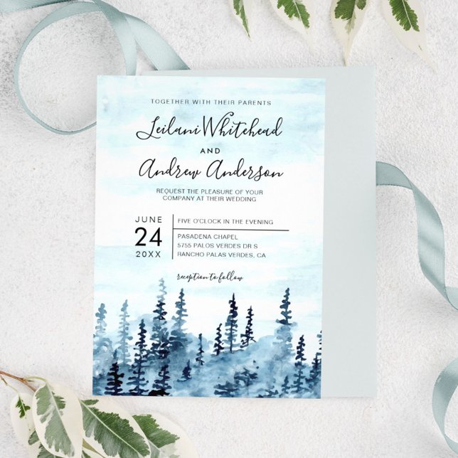 Waldwald Wasserfarbe Blaue Hochzeit Einladung (Von Creator hochgeladen)