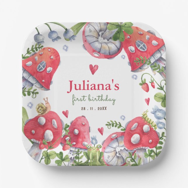 Waldwald Wasserfarbe Pilzsaal Kindergeburtstag Pappteller (Vorderseite)