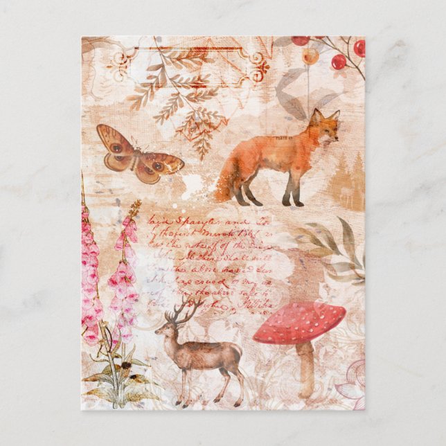 Waldwald Wildlife Fox Dee Butterfly Herbst Postkarte (Vorderseite)